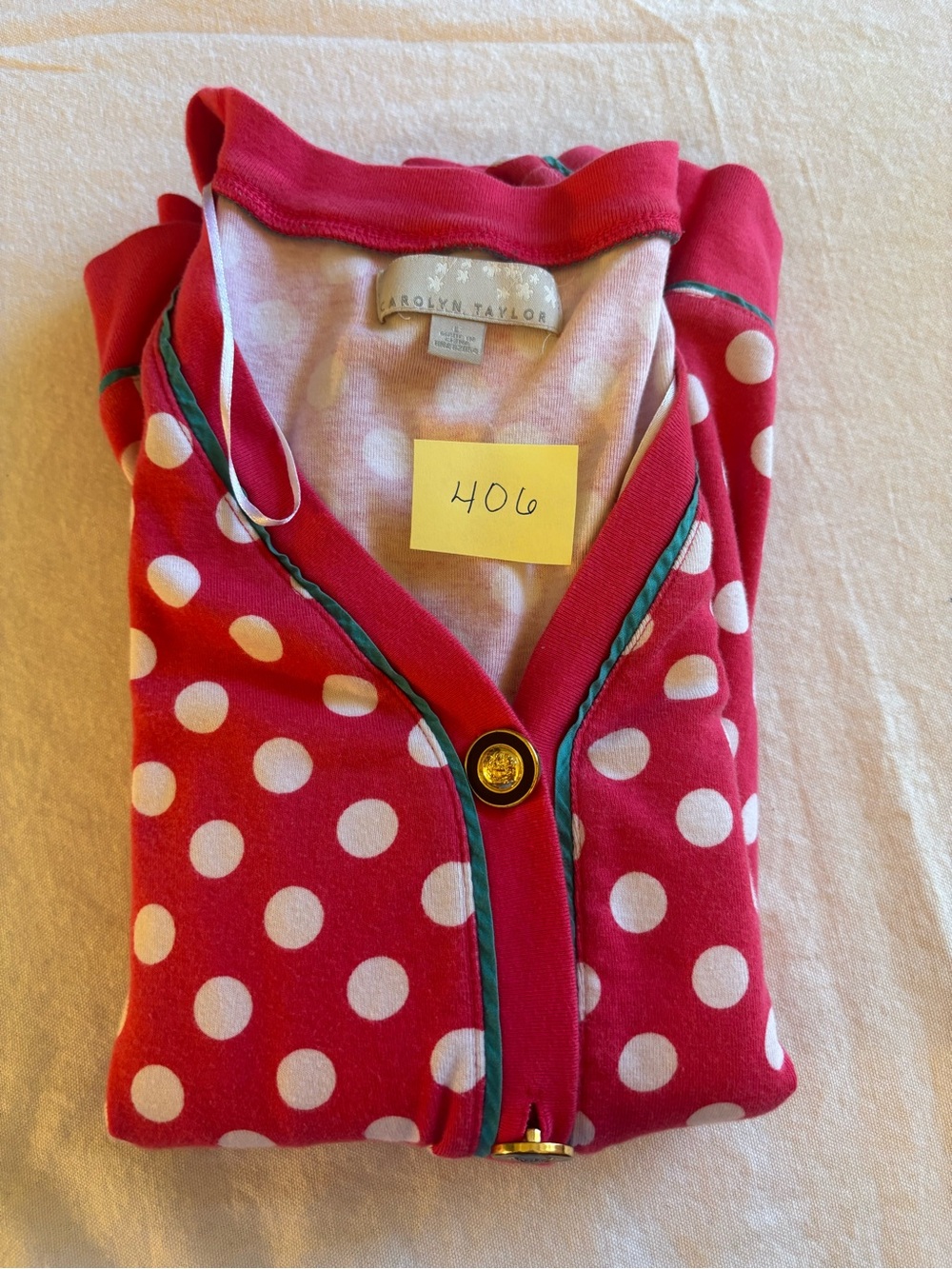 Carolyn Taylor Red Polka Dot V-Neck Cardigan with Contrast Trim - Picture 7 of 7
